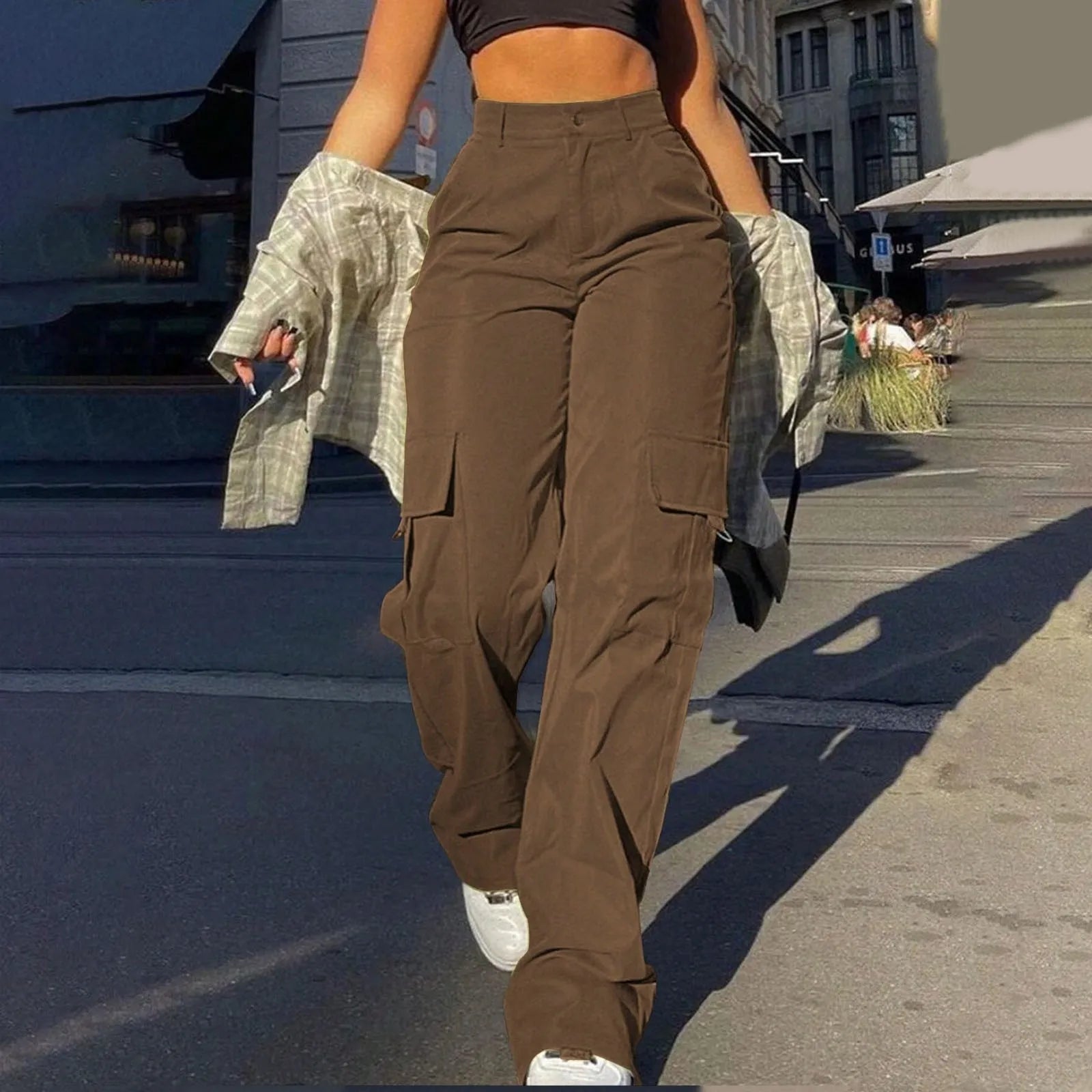 Ladies' Street Fashion Multi Pocket Cargo Pants Summer Solid Color Straight Leg Pants High Waist Slimming Loose Fit Cargo Pants.